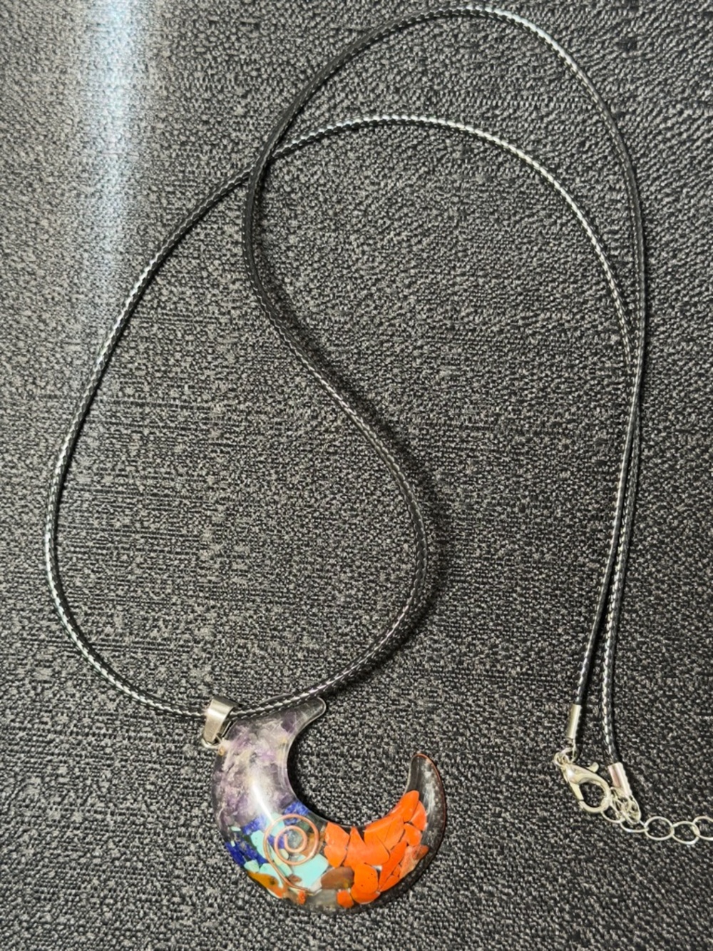 Crescent Glass Pendant Necklace with Orange & Blue Inlay